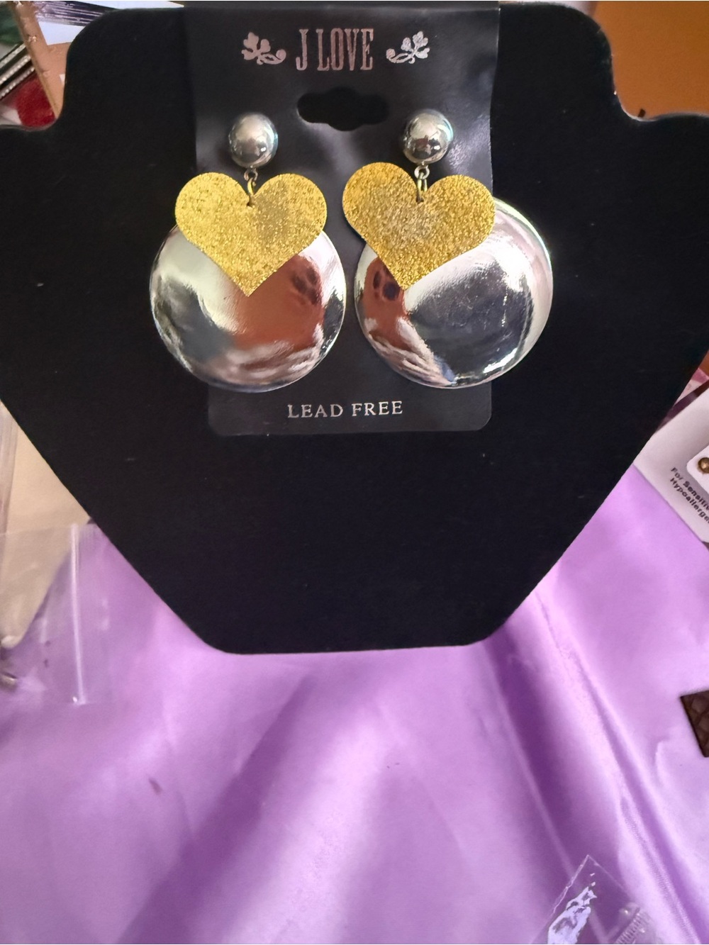 Love Gold Heart and Silver Disc Statement Earrings